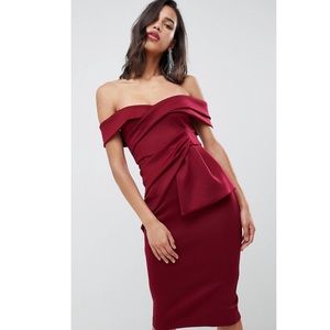 ASOS Design Bardot Fold Wrap Front Midi Pencil Dress, Size: 6
